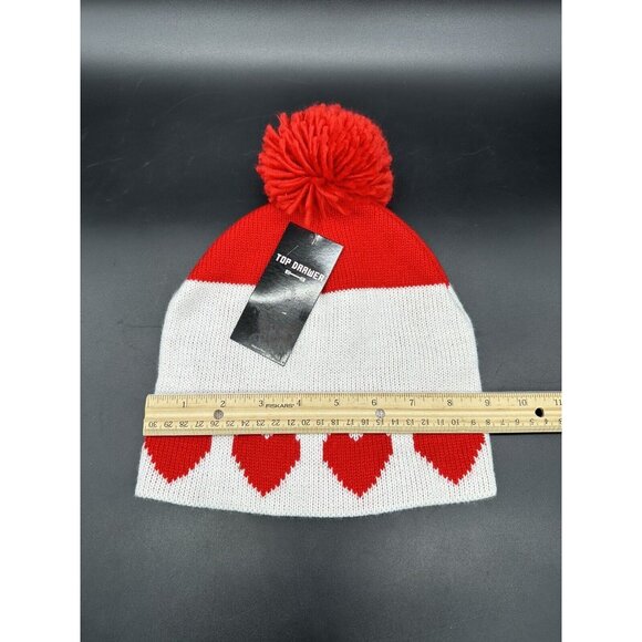 Sock Hat Hearts Pom Pom Beanie Red Hearts White Color Block Fluffy Womens Cute - Picture 8 of 9